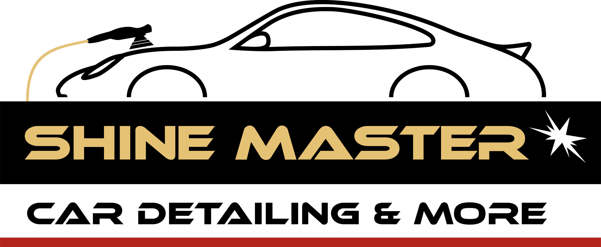 Logo auf dem ein Auto und eine Poliermaschine zu sehen sind mit dem Schriftzug Shine Master Car Detailing und More