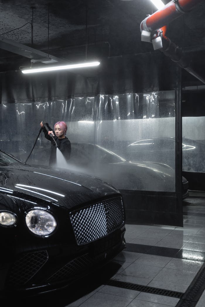 A worker cleaning a luxury black car with a pressure washer in an indoor garage carwash.